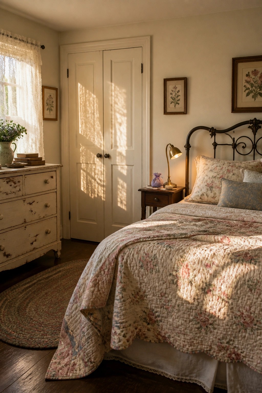 Bedroom walls painted in a soft warm off-white color with white trim and wood flooring.