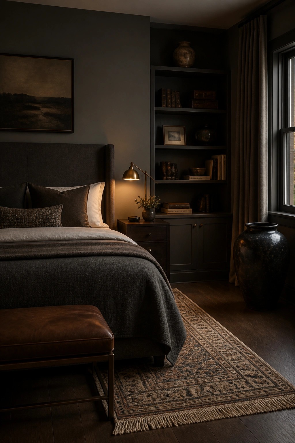 A bedroom with deep charcoal gray walls and built-in shelving.