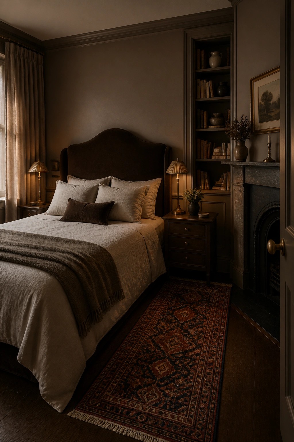A bedroom with deep taupe walls and a large upholstered bed.