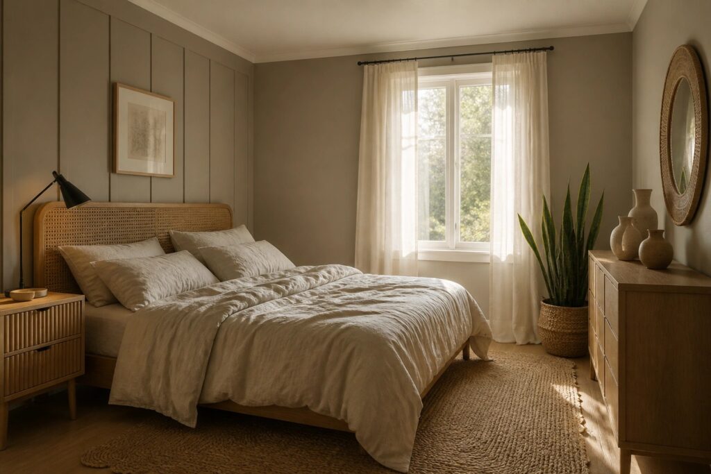 23 Beautiful Neutral Bedroom Paint Colors for a Relaxing Retreat That Feels Restful A bedroom with soft greige walls and wood furnishings.