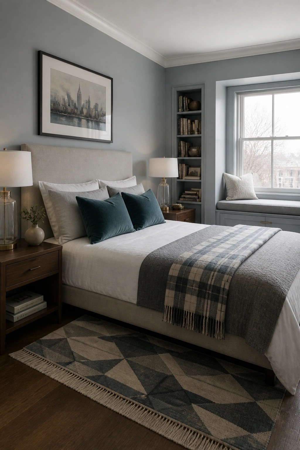Bedroom with soft blue gray walls and neutral bedding.