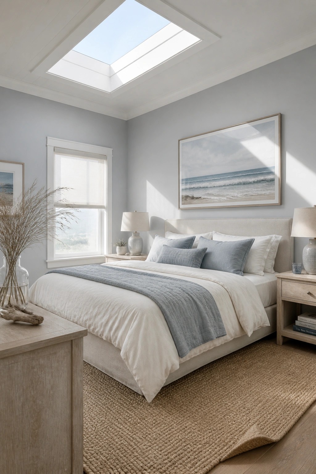 A bedroom with soft blue gray walls and a large bed under natural light.
