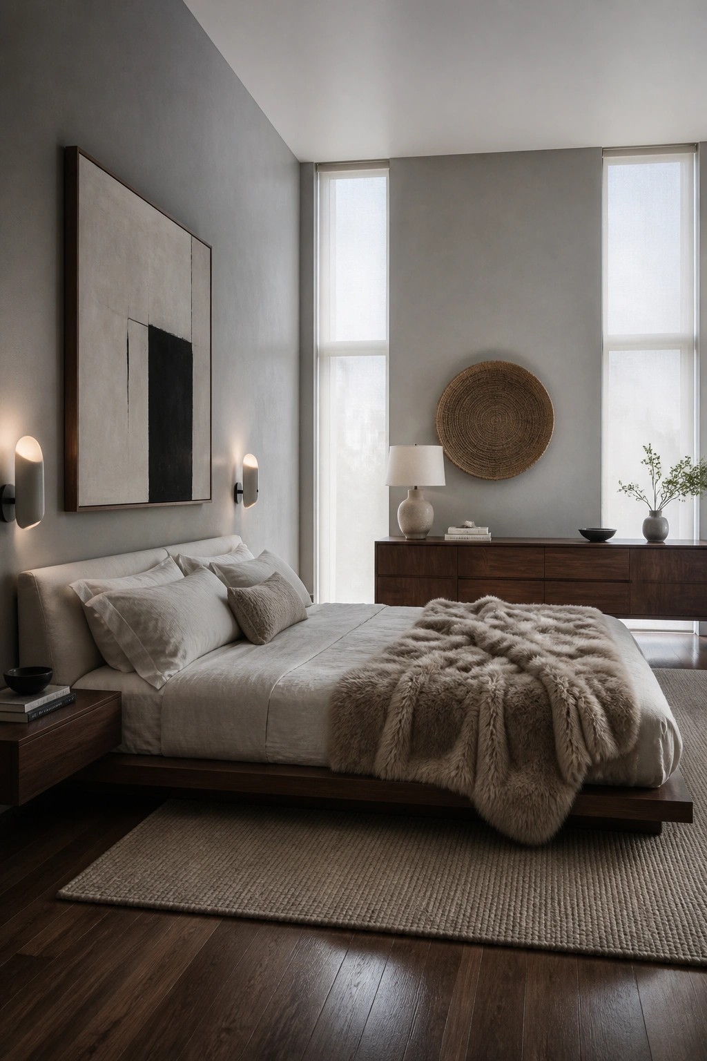 Light gray walls in a bedroom with a low wooden bed and dark flooring.