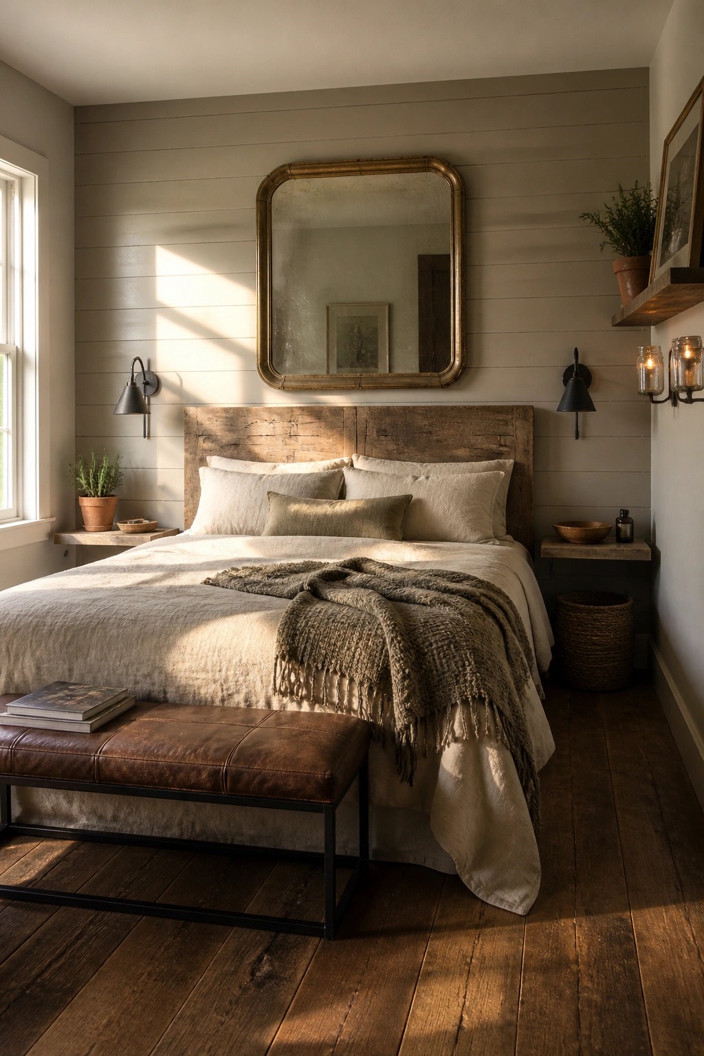 Light greige walls in a bedroom with wood accents and natural light.