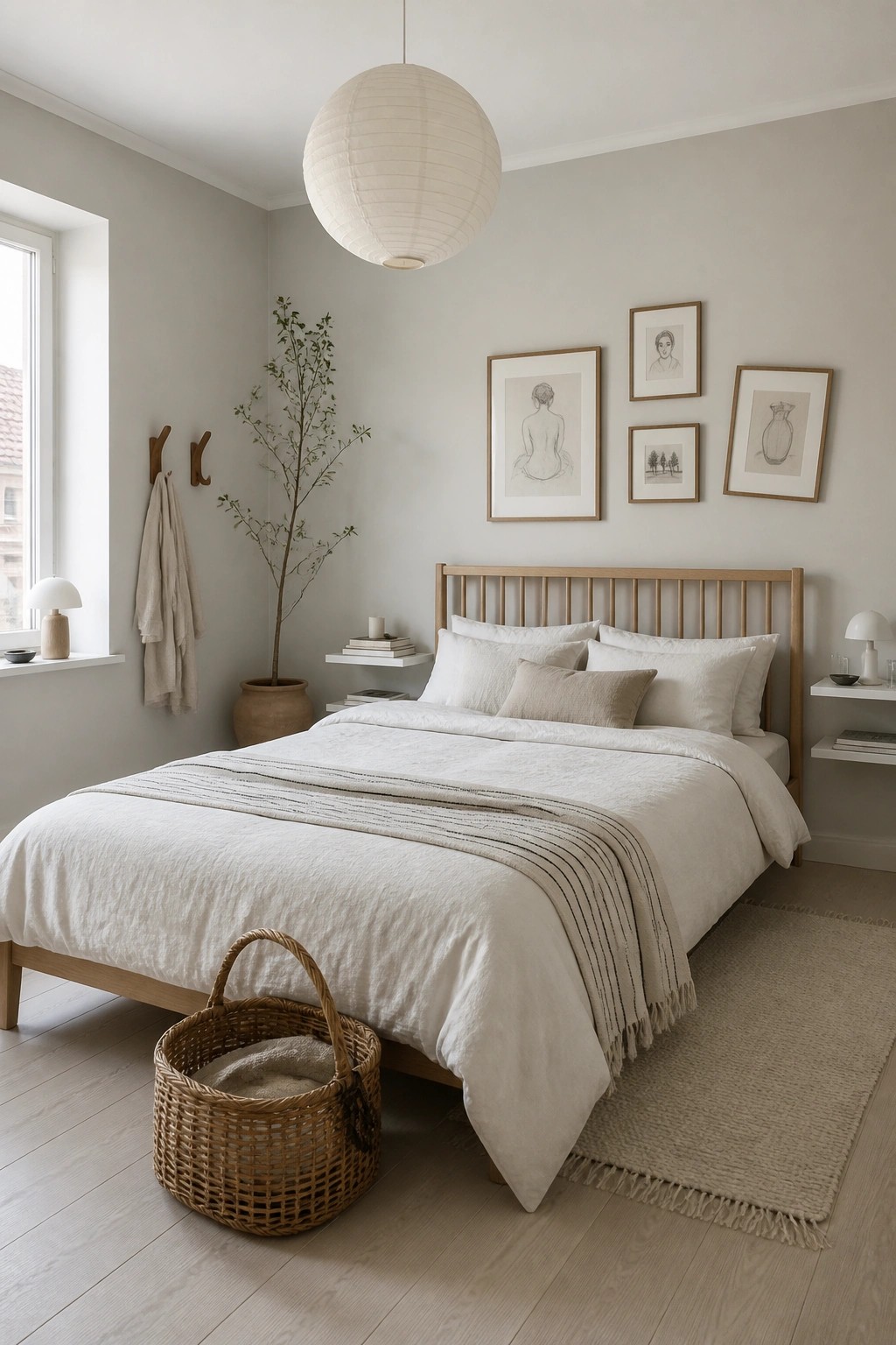 Light greige walls in a calm neutral bedroom with wood flooring.