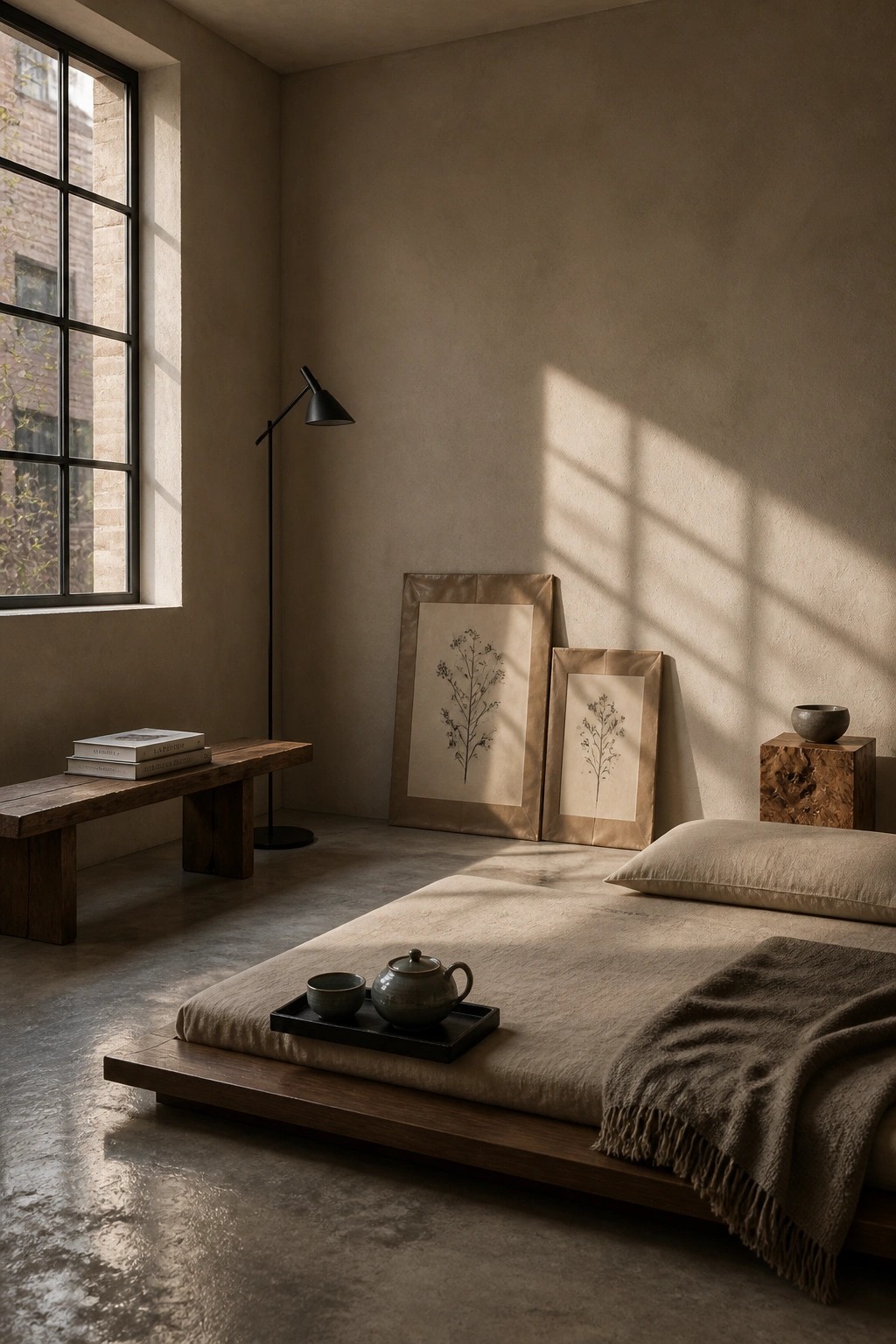 Warm greige walls in a minimalist bedroom with wood furniture and natural light.