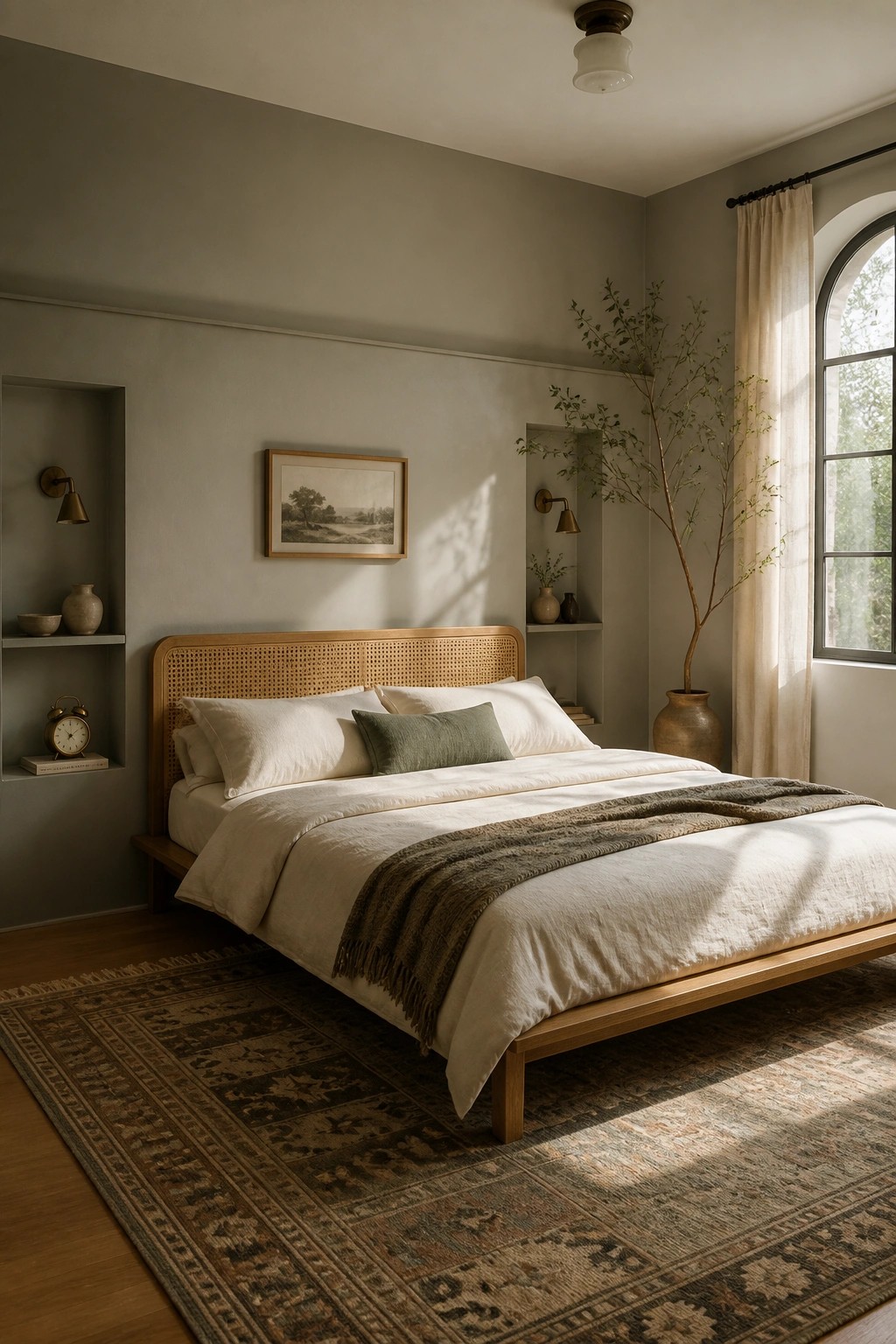 A bedroom with soft greige walls and a wooden bed frame.