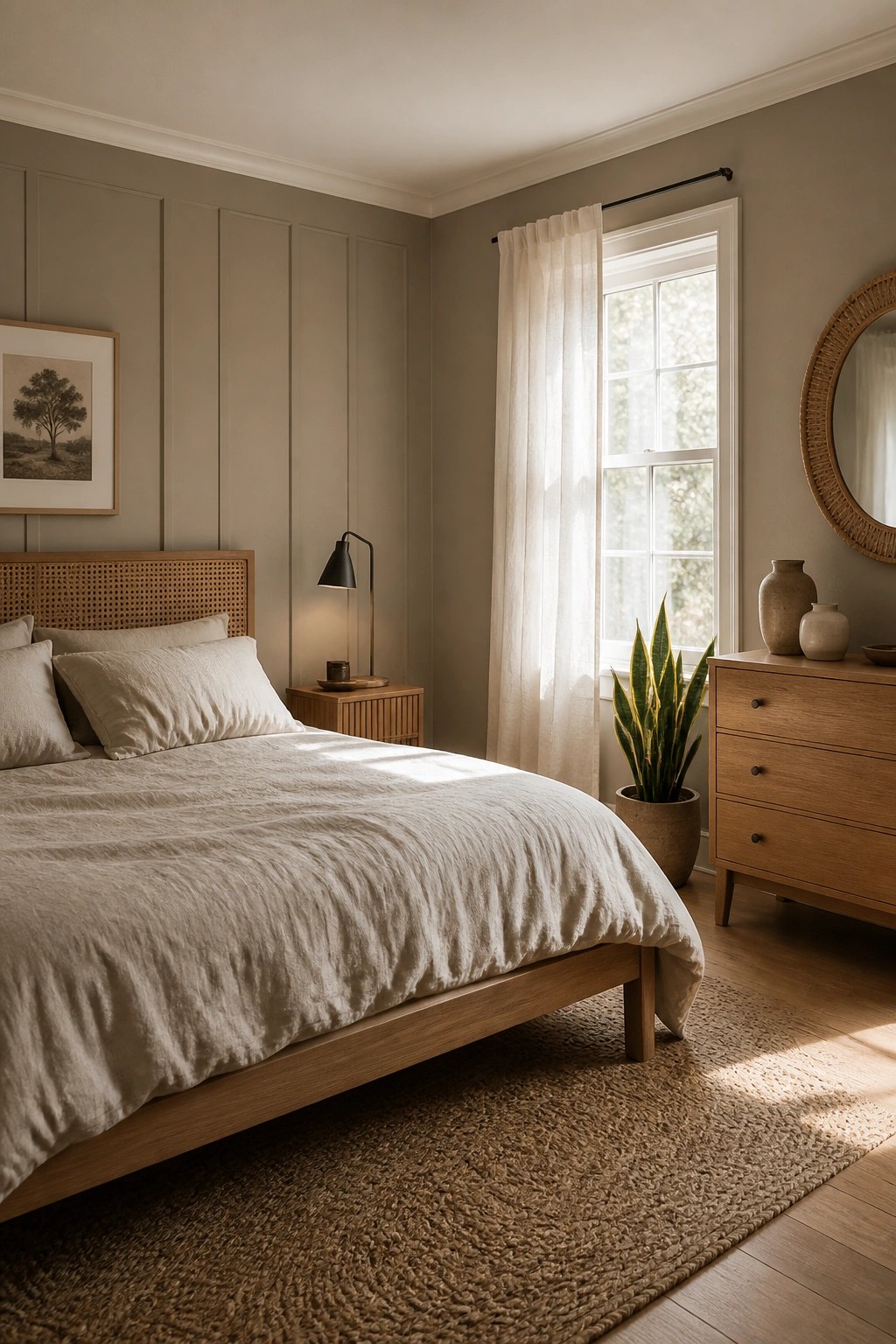 A bedroom with soft greige walls and wood furnishings.