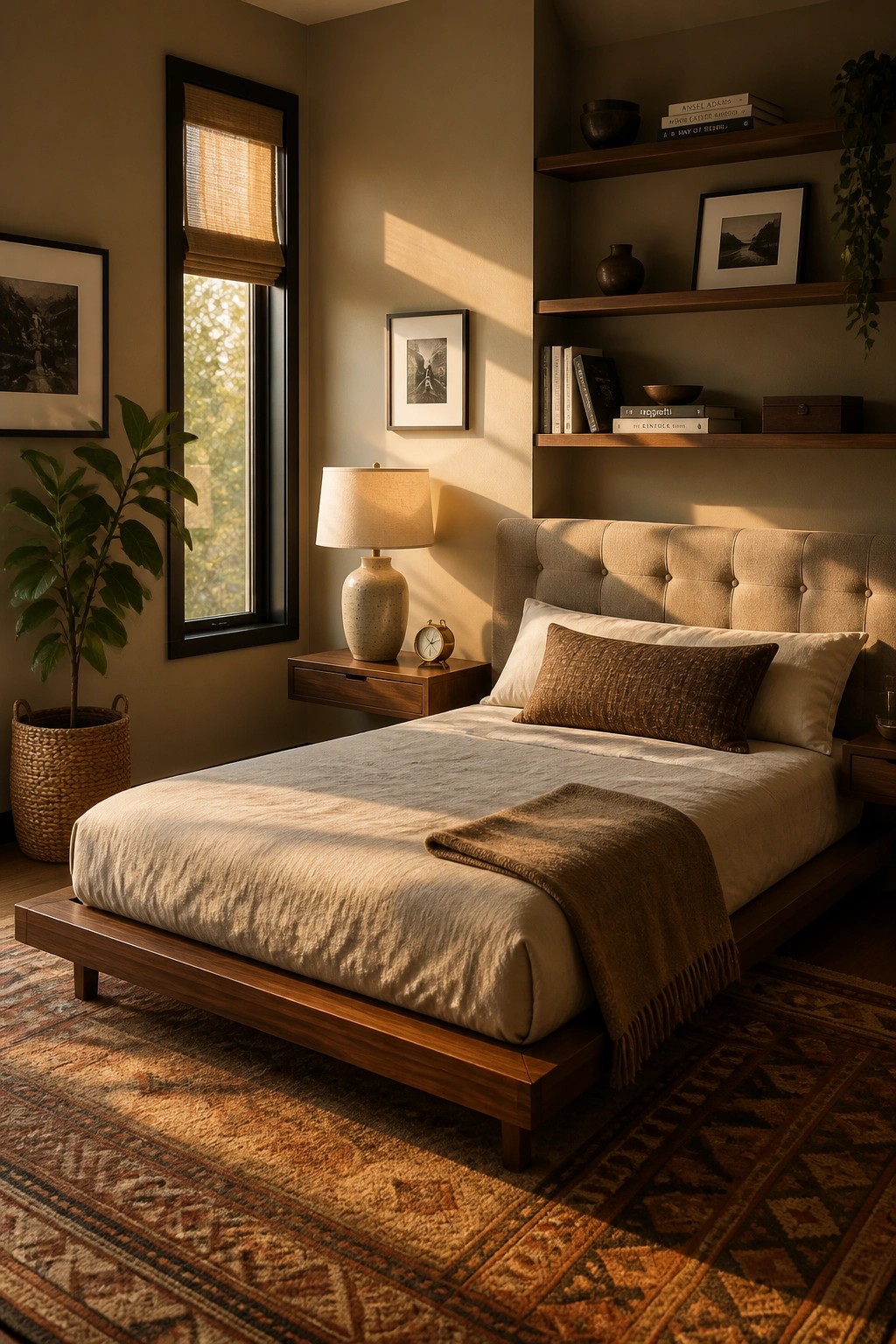 A bedroom with soft greige walls and a low wooden bed.