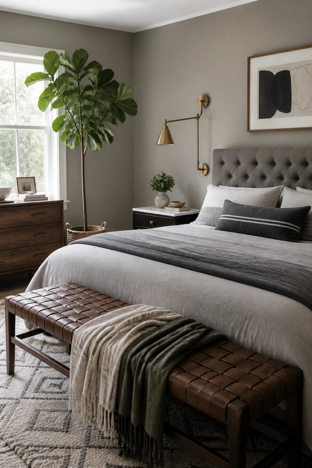 A bedroom with soft greige walls and wood furniture.