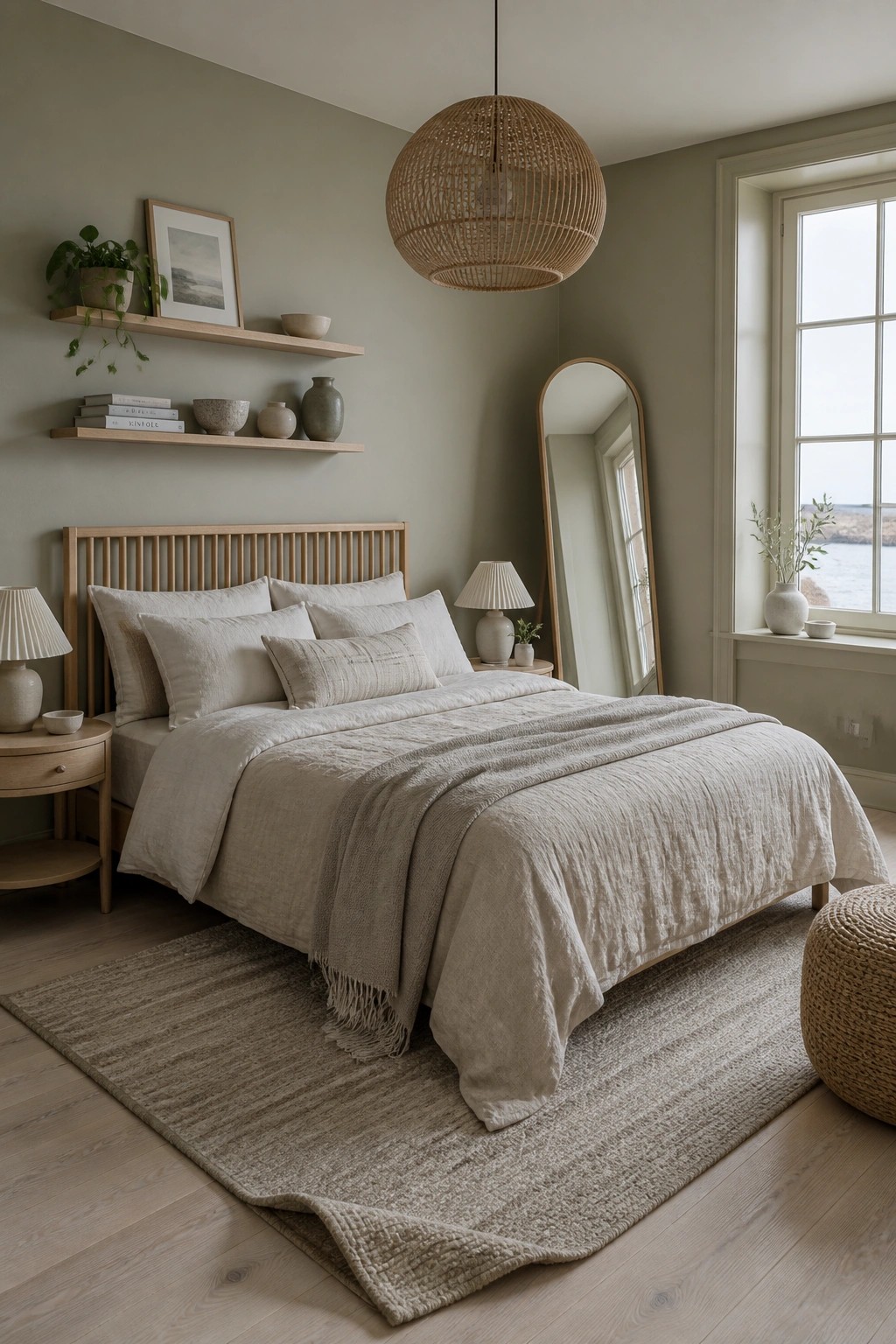 Bedroom walls painted in a soft muted sage green-gray.