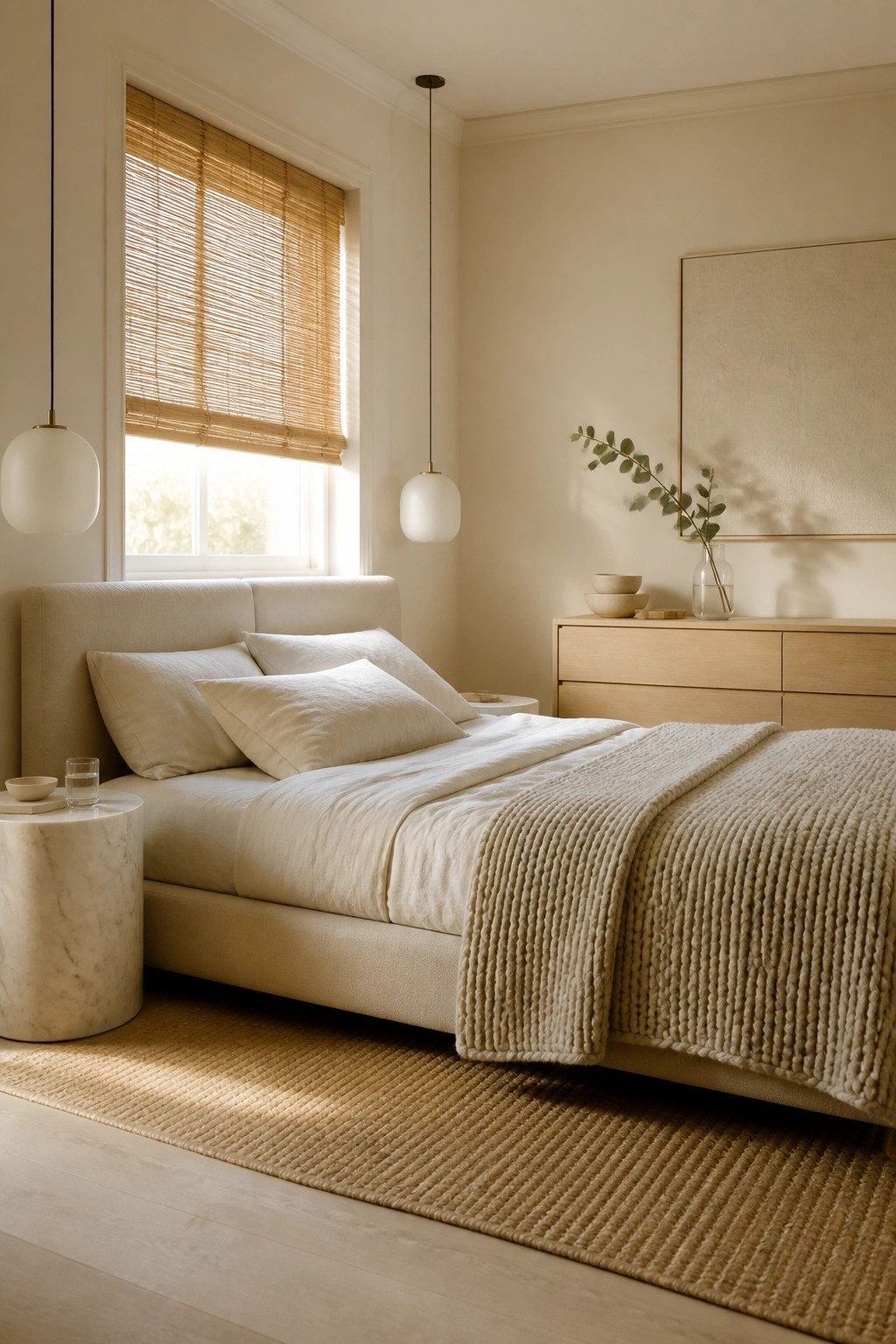 Bedroom walls painted in a soft warm beige with light wood accents.