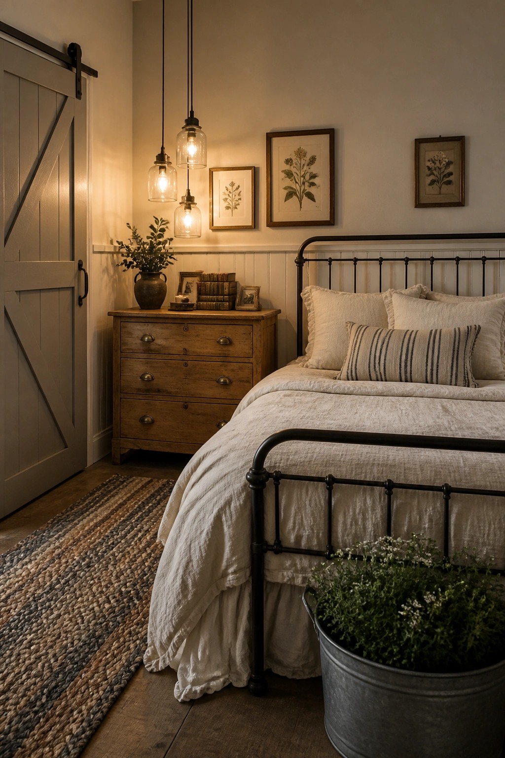 A bedroom with soft warm beige walls, wood furniture, and a black metal bed.