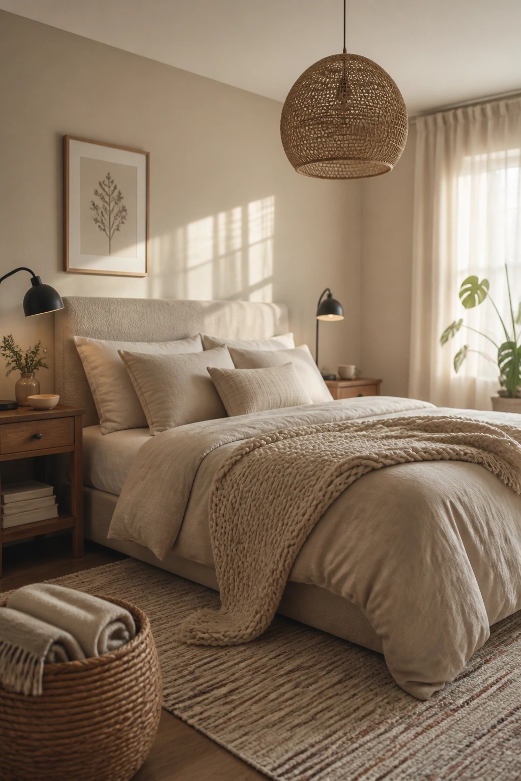 Bedroom walls painted in a soft warm beige.