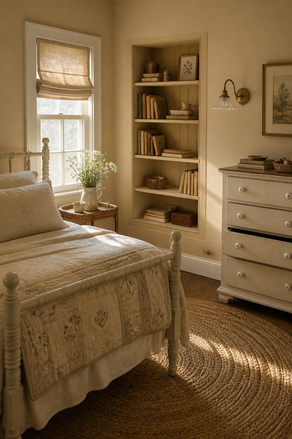 Bedroom walls painted in a soft warm beige with white trim and built-in shelving.