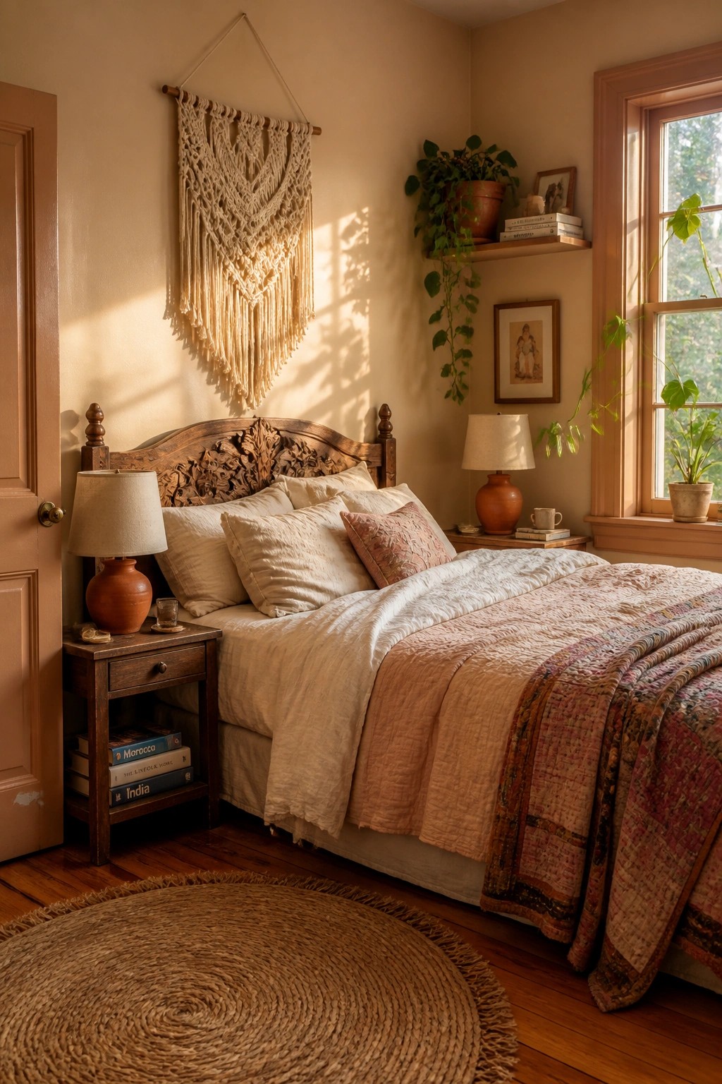A bedroom with warm beige walls and wood furniture.