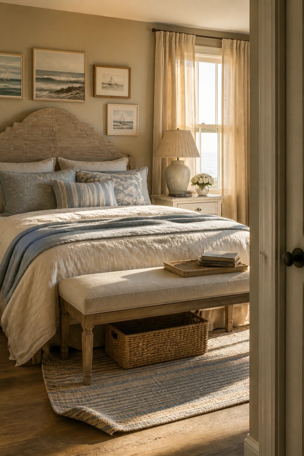 A bedroom with warm beige walls and a wooden bed frame.