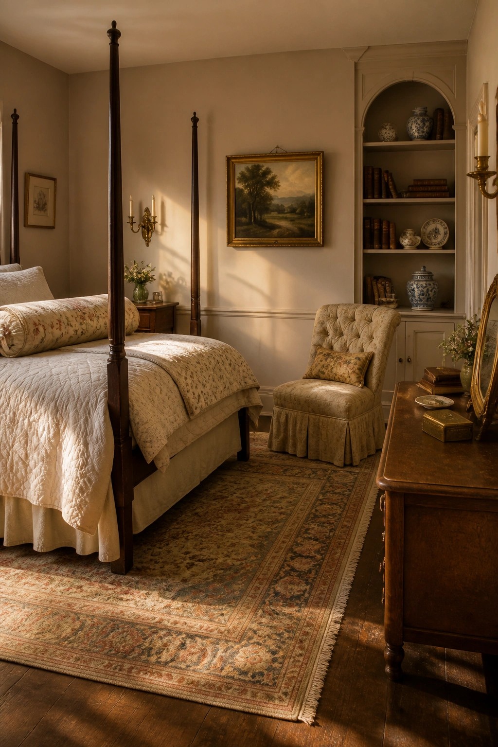 Bedroom walls painted in a soft warm greige with built-in bookshelves and a four-poster bed.
