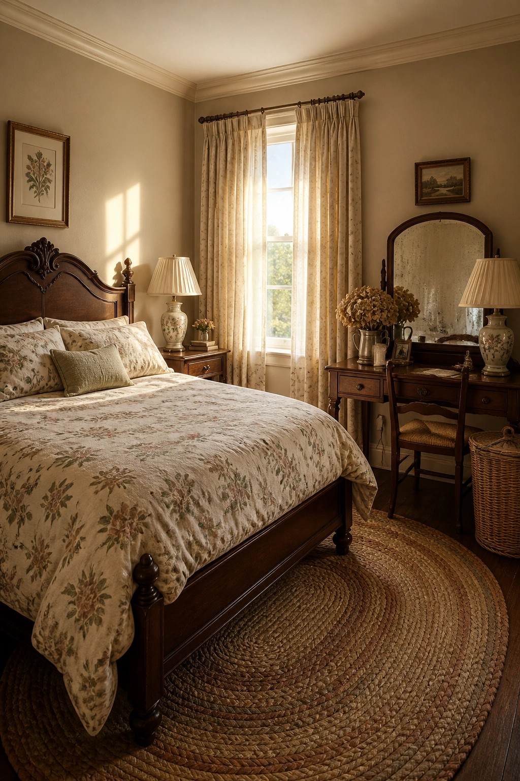 A bedroom with warm greige walls and dark wood furniture.