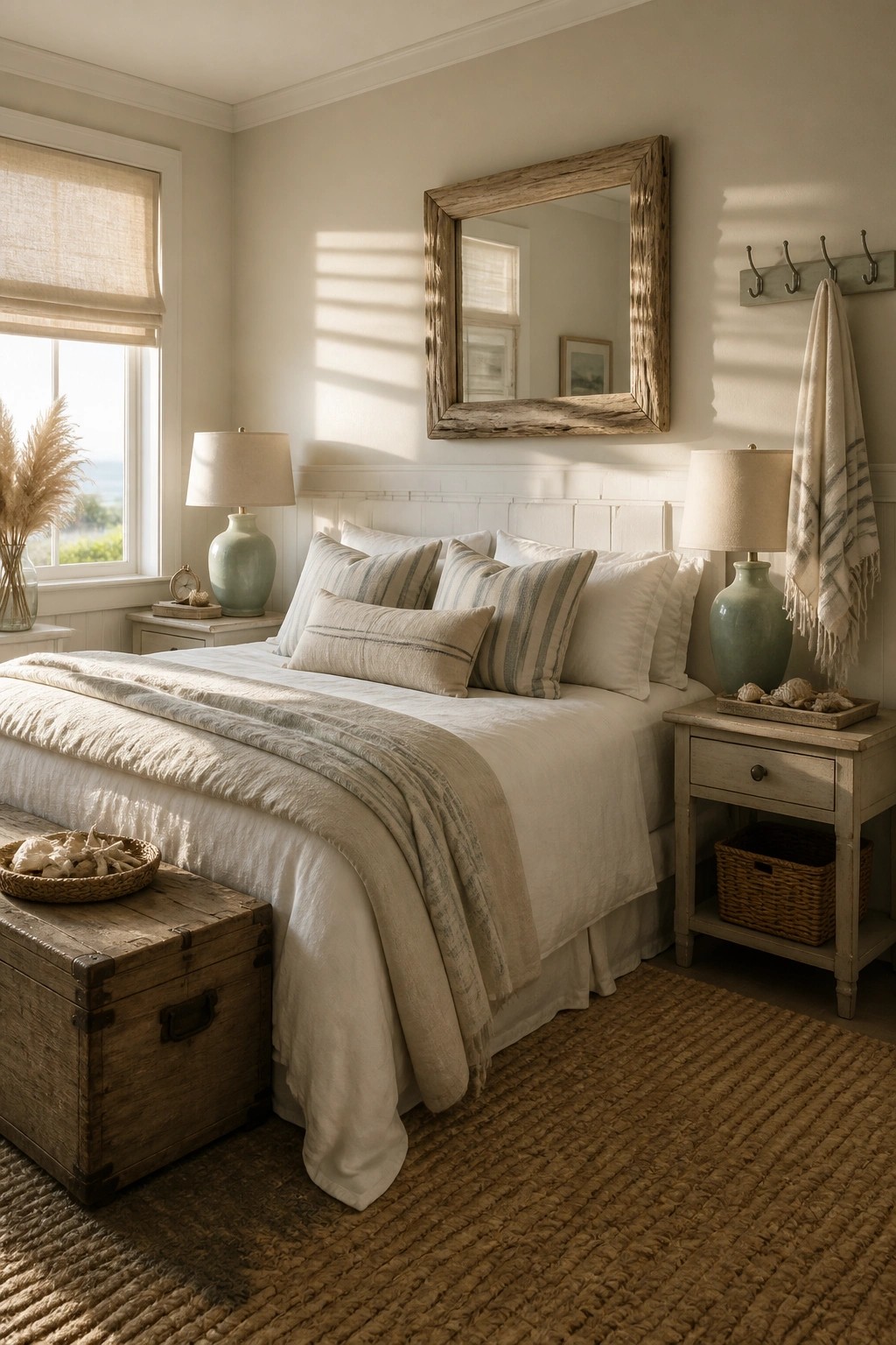 A bedroom with warm off-white walls and white wainscoting.