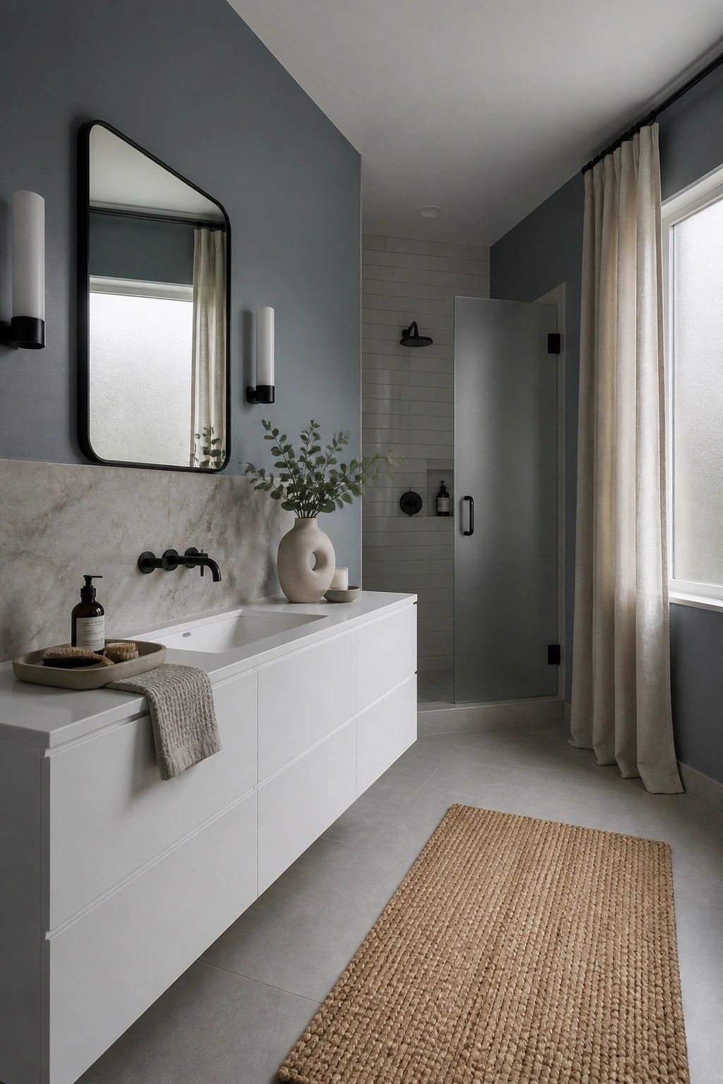 Bathroom walls painted in a soft blue gray.