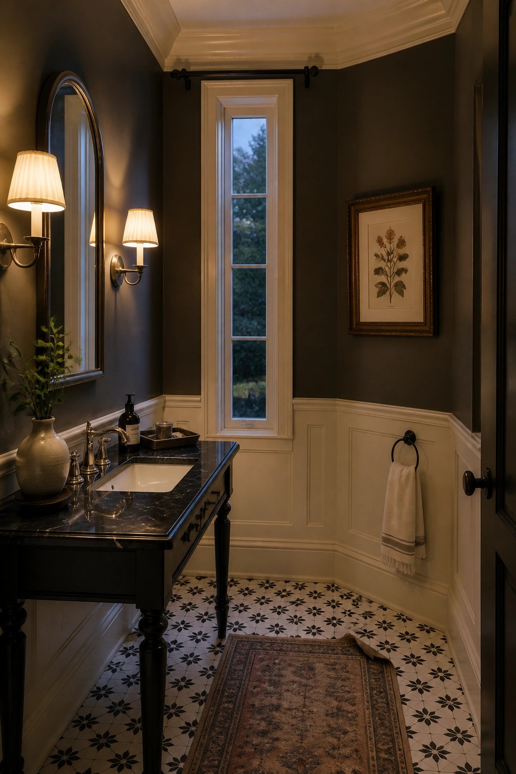 Dark charcoal gray walls above white wainscoting in a powder room.