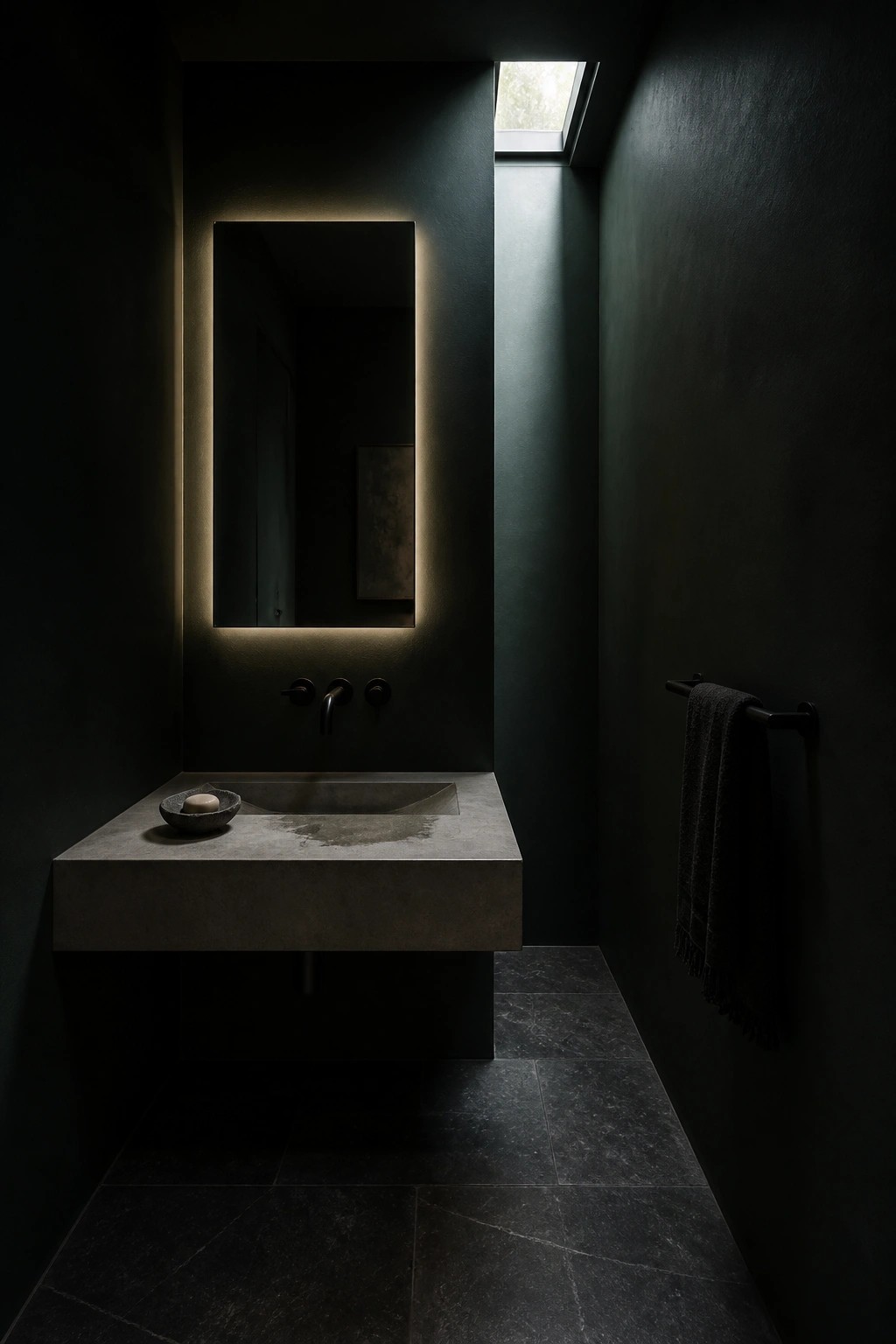 A small bathroom with deep green walls and a floating concrete sink.