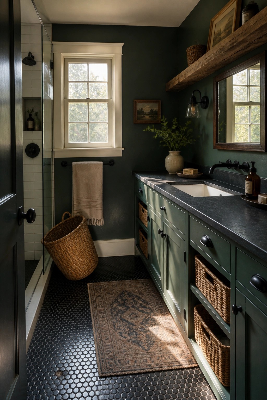 Bathroom with deep green walls and dark green cabinetry.