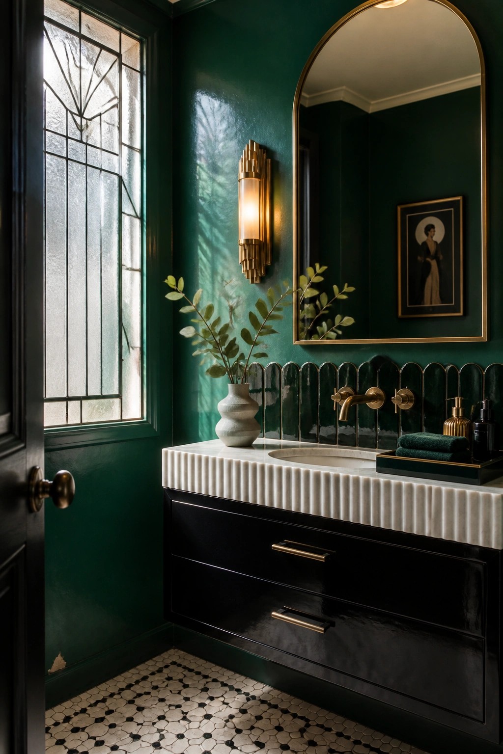 Dark green bathroom with black vanity, fluted marble sink, arched mirror, and patterned floor