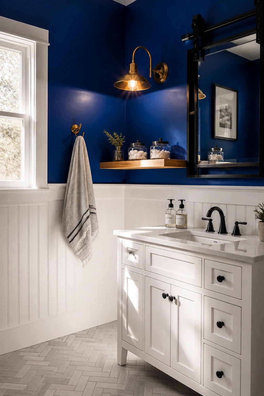Navy blue bathroom with white wainscoting, marble vanity, brass sconce, and wooden shelf.