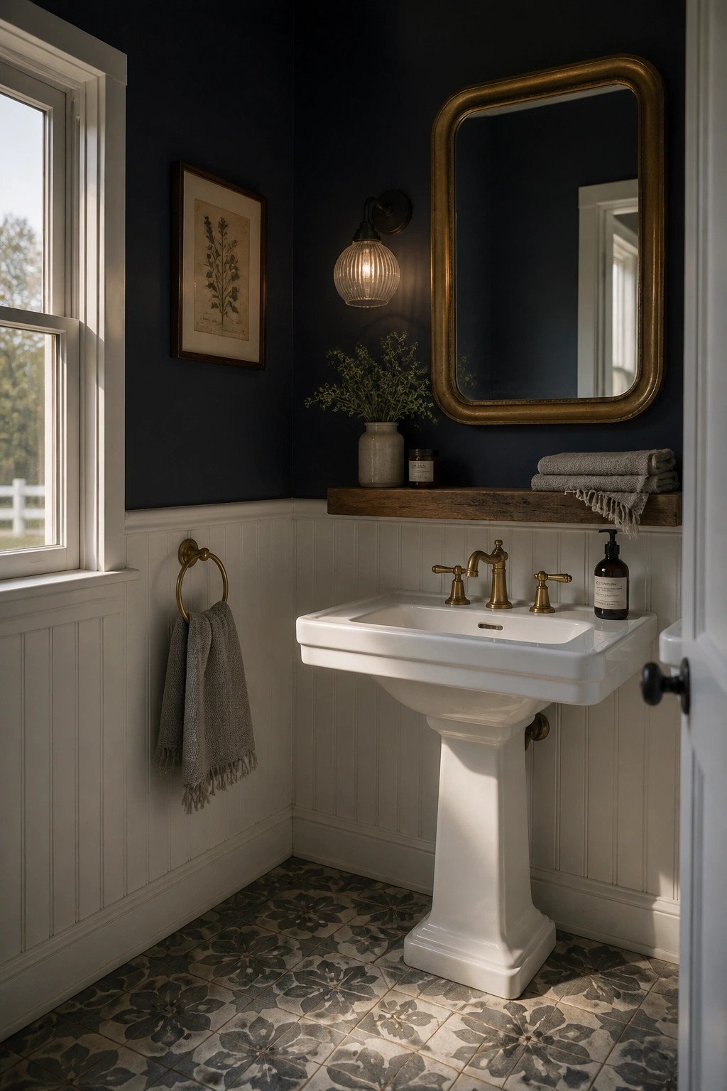 A small bathroom with deep navy walls above white beadboard and a white pedestal sink.