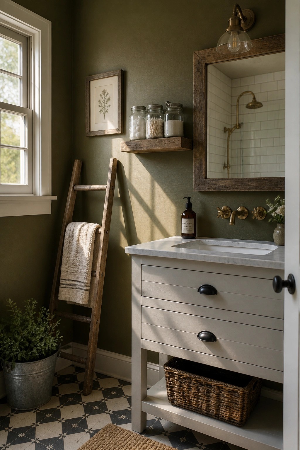 A bathroom with deep olive green walls and a white vanity.