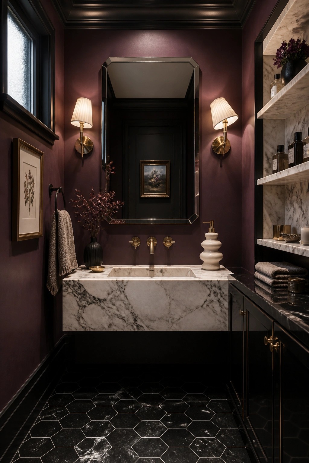 A powder room with deep plum walls, a marble sink, and black hex tile flooring.