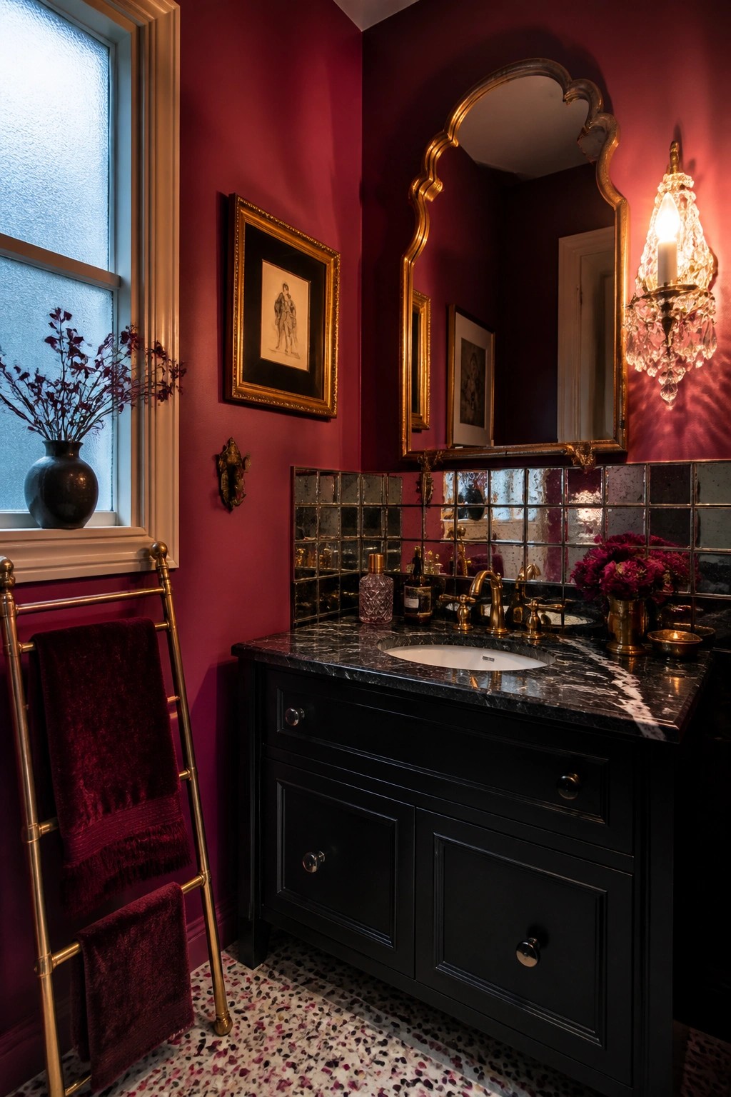 A powder room with deep red walls and a black vanity.