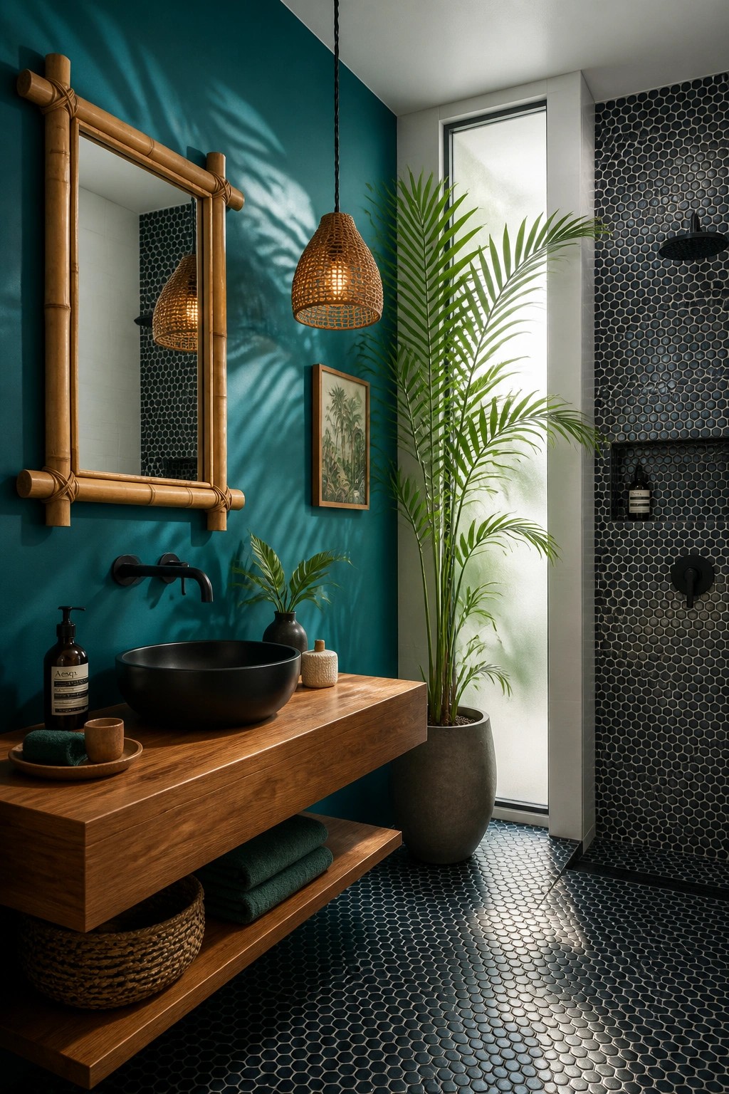 A bathroom with deep teal walls and a floating wood vanity.