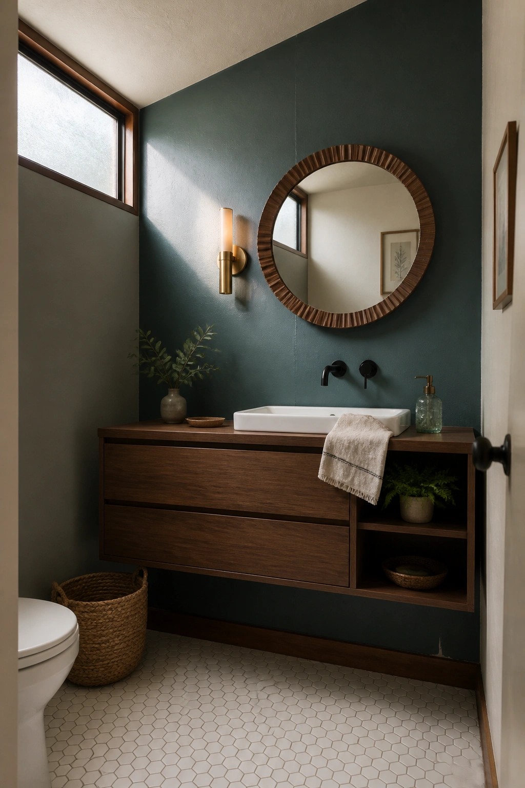 Modern bathroom with dark green wall, wooden vanity, round mirror, and white sink.