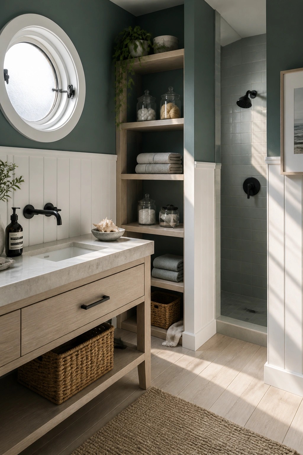 A bathroom featuring deep teal walls paired with white beadboard and a light wood vanity.