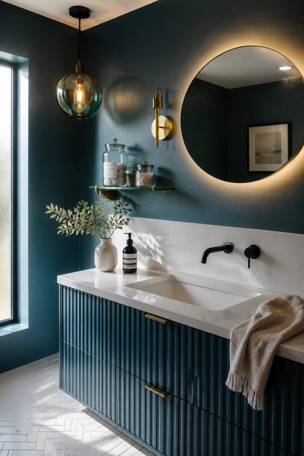 A bathroom featuring deep teal walls paired with a white vanity and black fixtures.