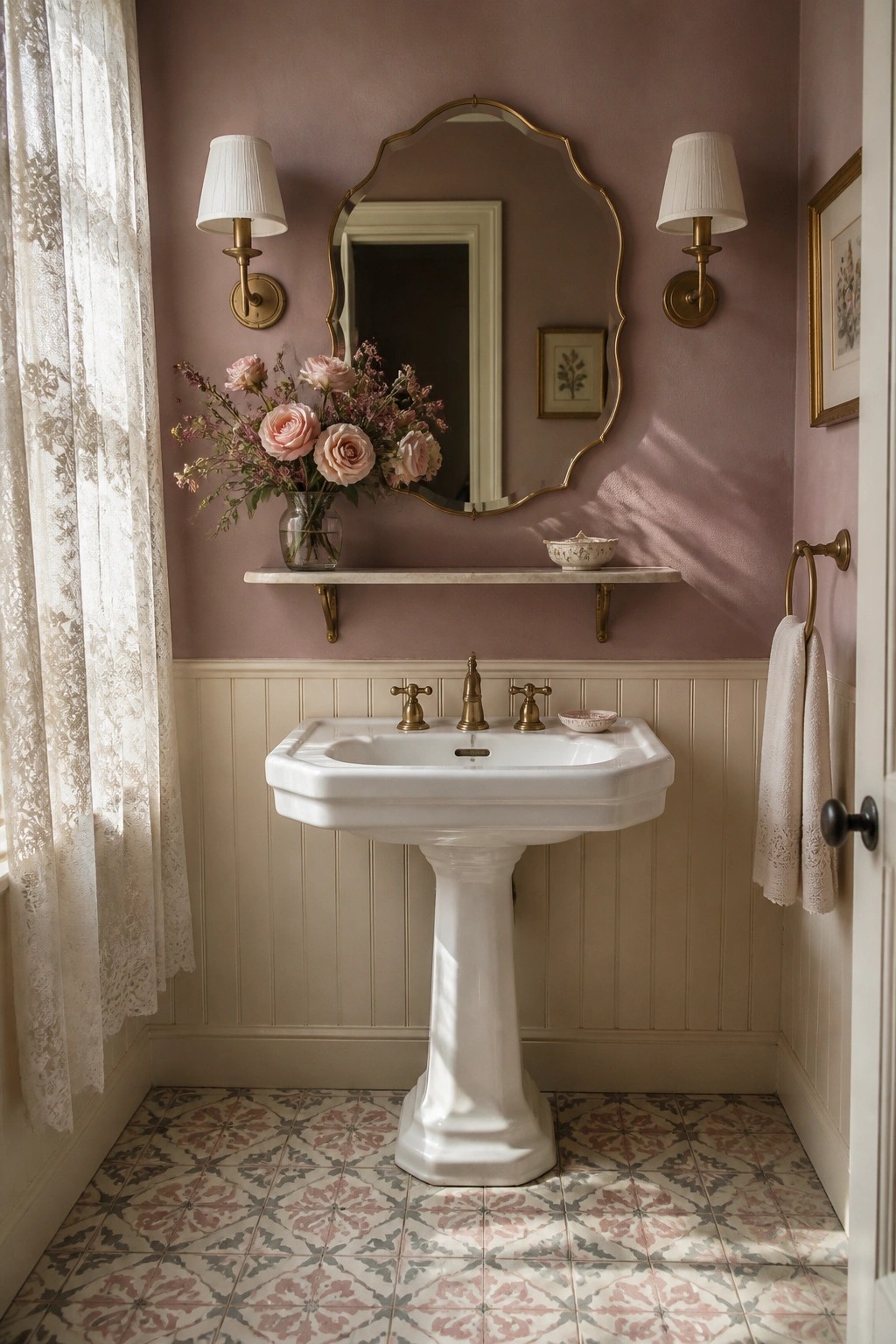 Powder room with dusty rose walls and a white pedestal sink.
