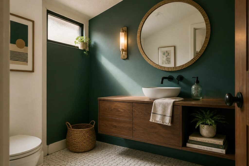 Modern bathroom with dark green wall, wooden vanity, round mirror, and white sink.