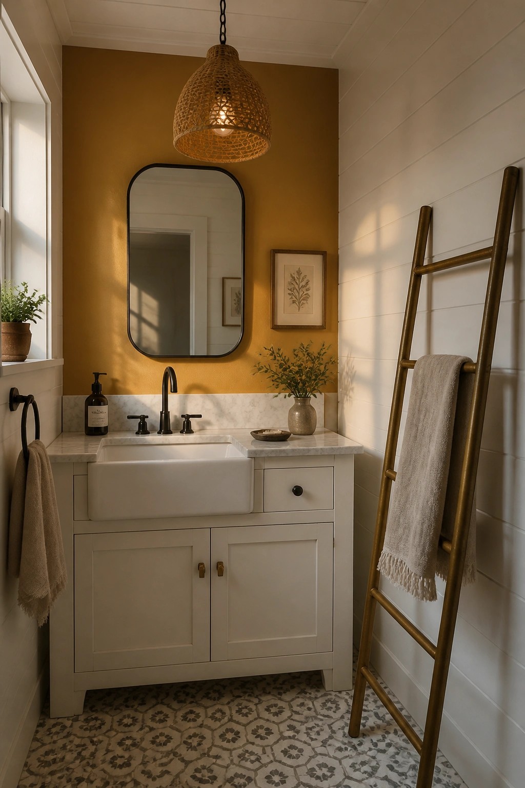 White farmhouse sink on yellow wall with woven pendant light and brass towel ladder