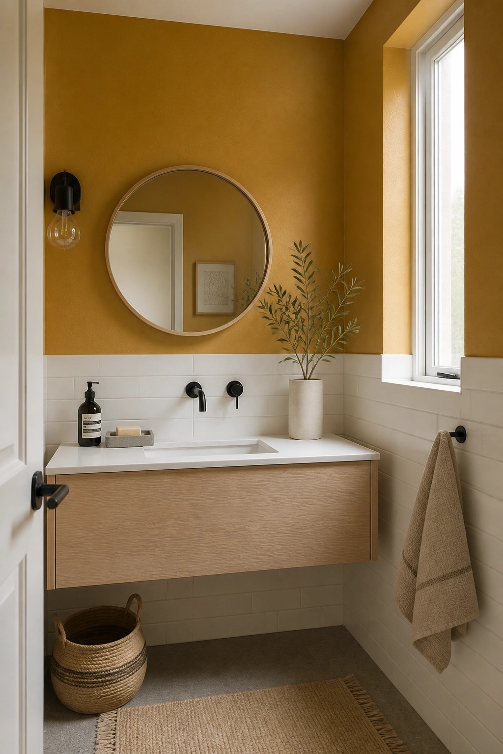 A bathroom with warm ochre yellow walls above white tile wainscoting.