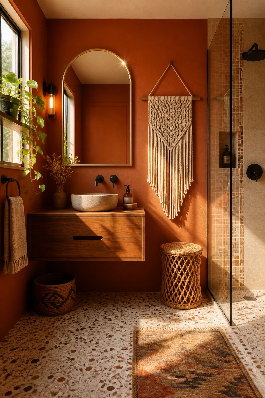 A bathroom with warm terracotta walls and a wooden floating vanity.
