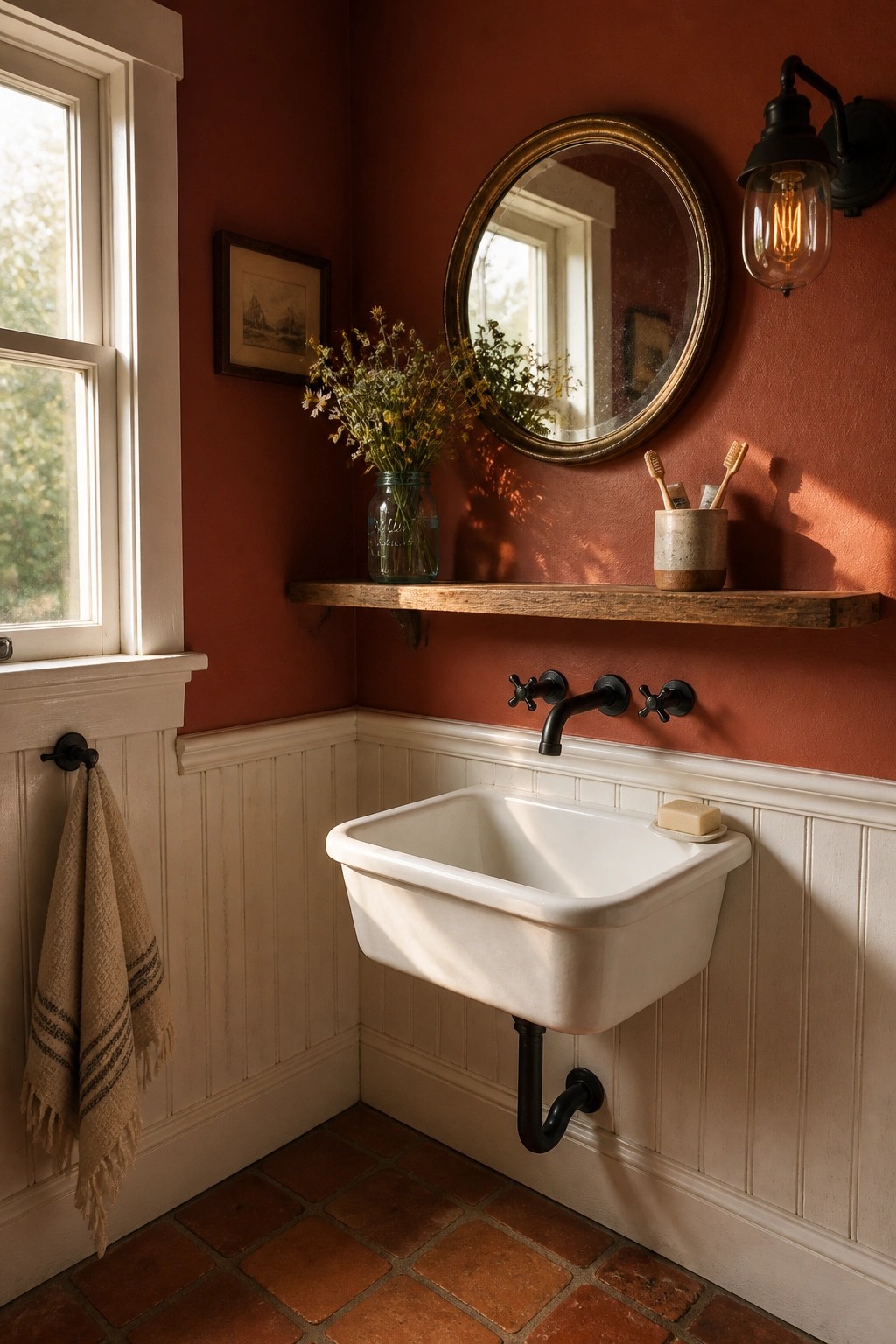 A bathroom featuring warm terracotta red walls above white wainscoting.