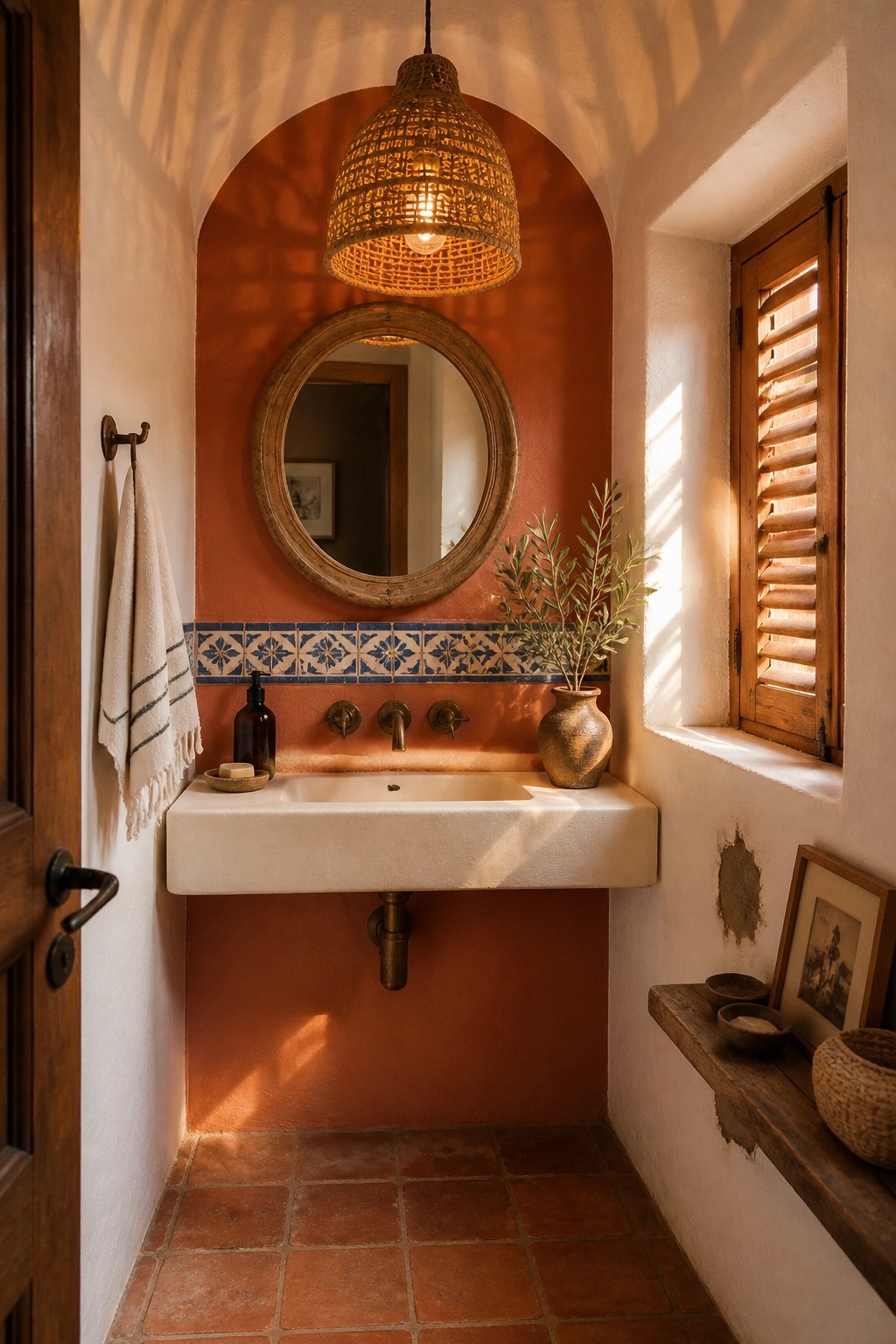 Warm terracotta walls in a small bathroom with a round mirror above the sink.