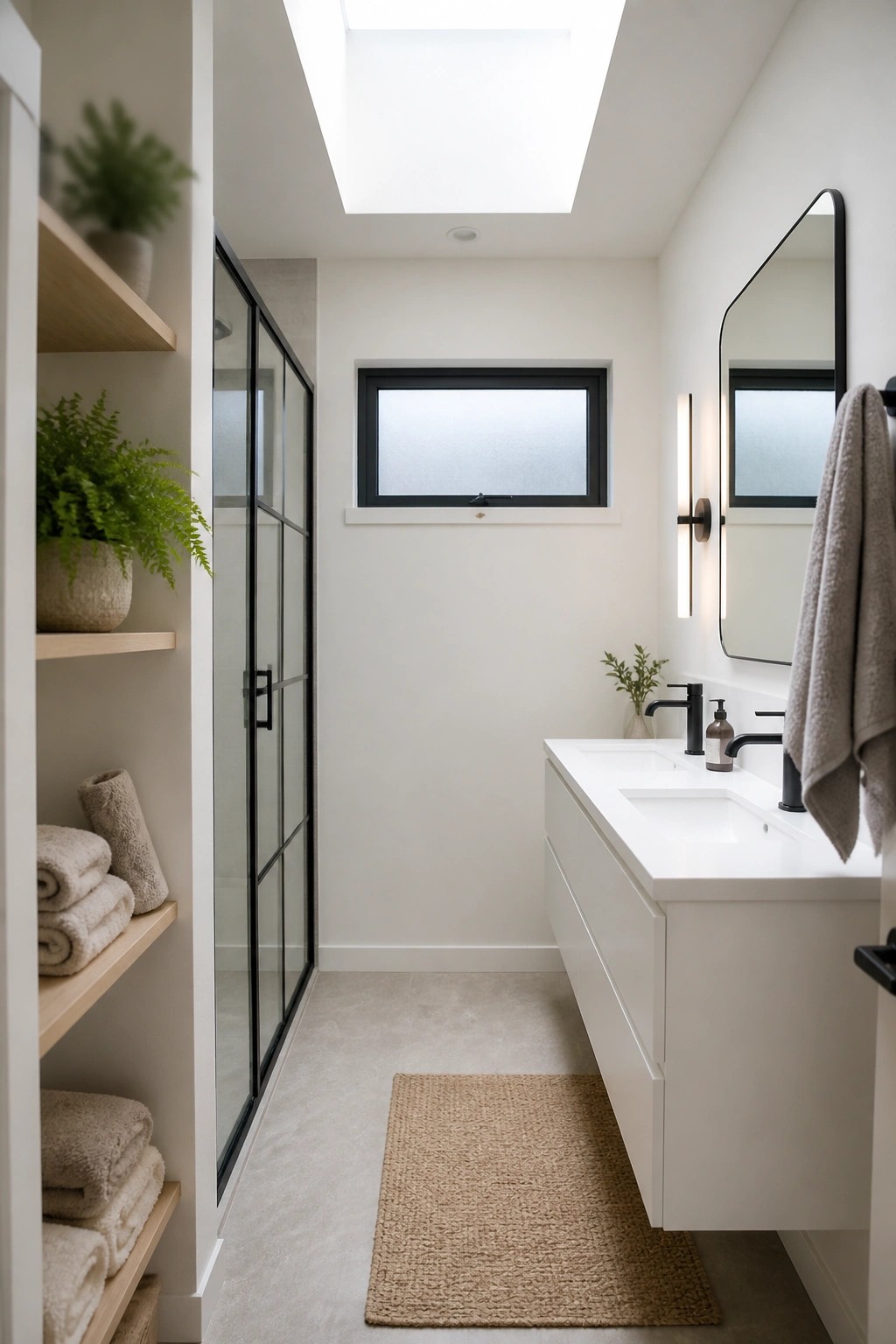 Bright white walls in a narrow bathroom with a floating vanity and black fixtures.