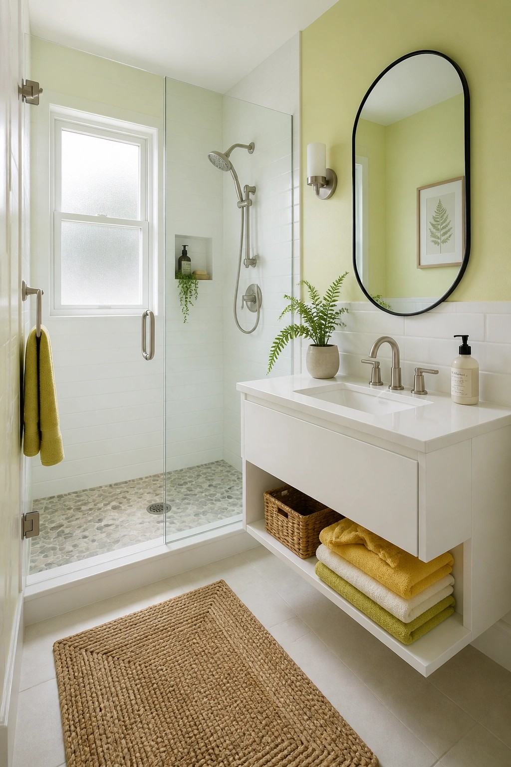 Modern bathroom with glass shower, white vanity, yellow towels, and woven rug.