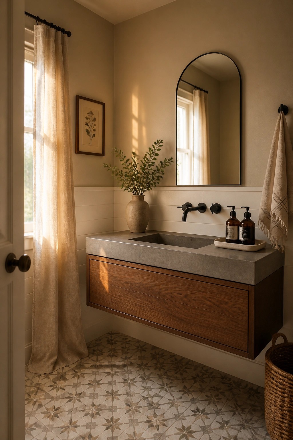 A bathroom with warm greige walls and a floating wood vanity.