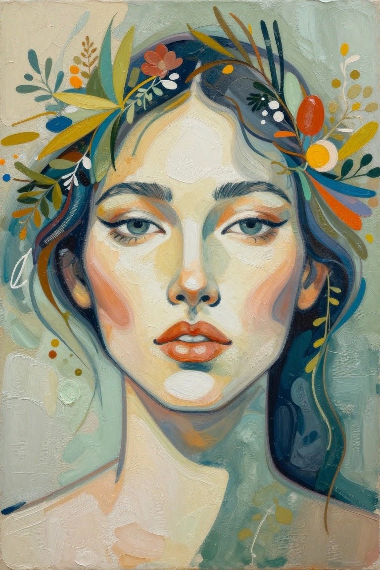 Vibrant oil painting of a woman with colorful floral wreath in her hair.