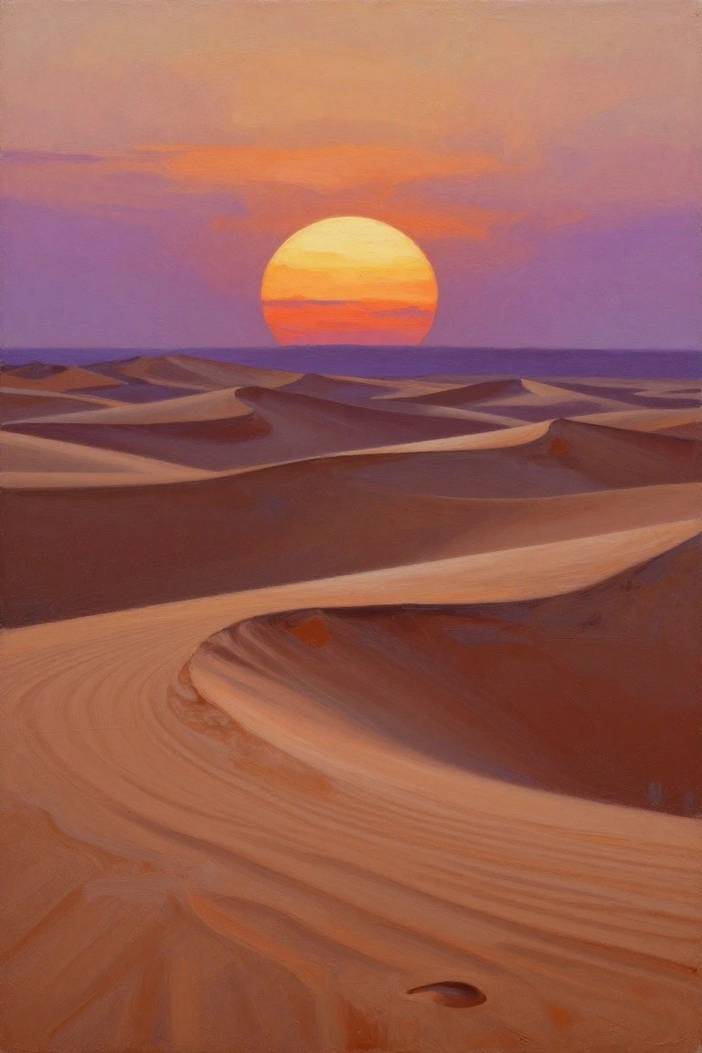 Vast curving sand dunes beneath a glowing orange sun in a colorful sunset sky.